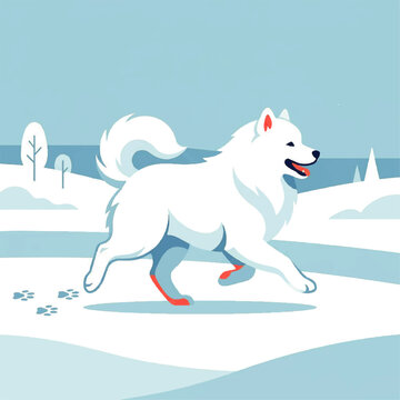 A happy samoyed dog is running in side profile with flowing fur