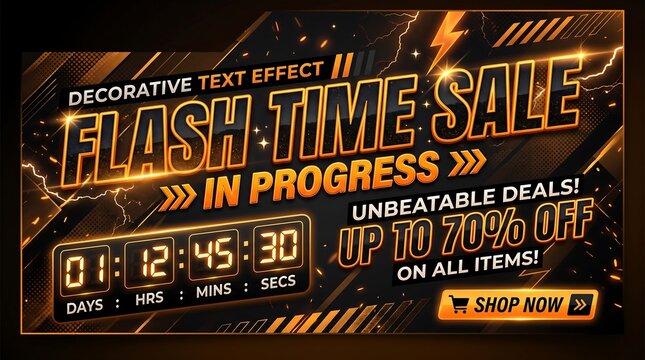 Flash sale banner with countdown timer and decorative text effect in progress.