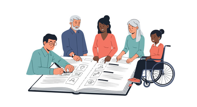 A diverse group of people, including an older man and a woman in a wheelchair, collaborate and interact around a large open book.