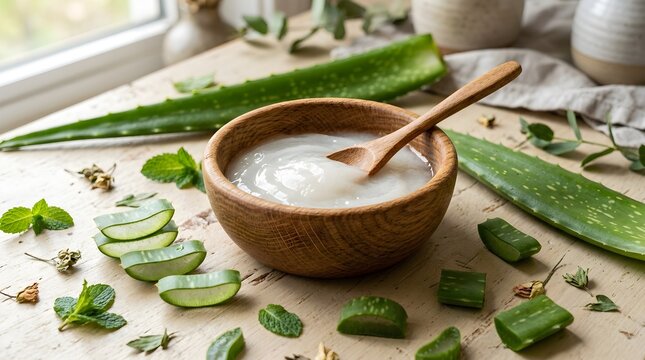 Natural aloe vera gel in wooden bowl with fresh plant leaves for skincare and wellness concepts
