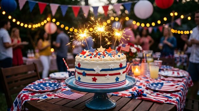 Festive fourth of july celebration patriotic cake with sparklers and outdoor party scene