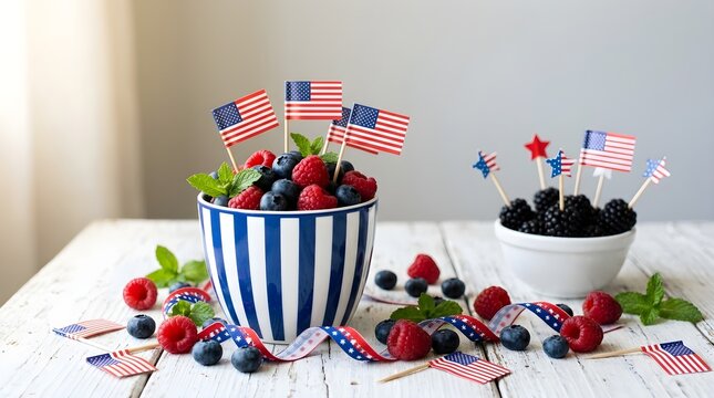 Festive fourth of july arrangement with fresh raspberries blueberries blackberries and miniature american flags on white wood