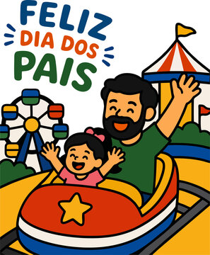 Ilustra&ccedil;&atilde;o Vetorial de Feliz Dia dos Pais com Pai e Filha na Montanha Russa no Parque de Divers&otilde;es
