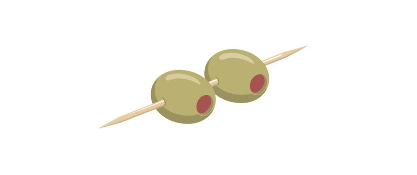 Two green olives with red pimento centers served on a wooden toothpick for cocktail garnish
