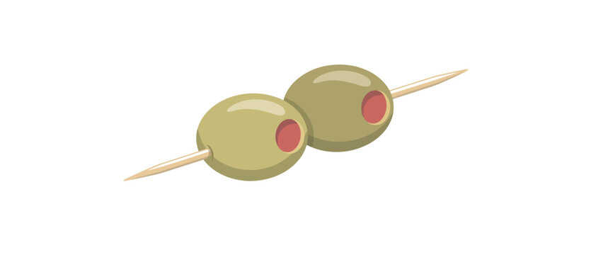 Two delicious green olives stuffed with pimento on a toothpick for martini decoration art