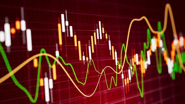 Red chart background glows with financial data. White and orange candlesticks show market movements. Green and yellow lines track rising and falling trends