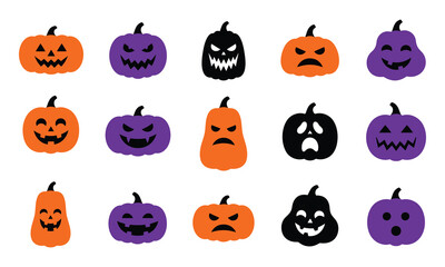 Naklejka premium Halloween vector bundle diverse jack o' lantern faces spooky pumpkin icons for autumn designs