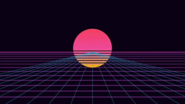 A vibrant pink sun rising over a digital neon grid in retro synthwave style