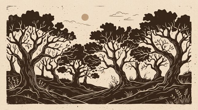 Vintage woodcut forest landscape illustration with old oak trees for background decoration
