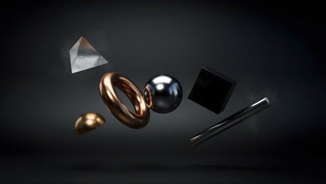 Abstract geometric objects suspended by invisible magnetic forces, perfect balance and symmetry, luxury technology illustration, premium stock artwork