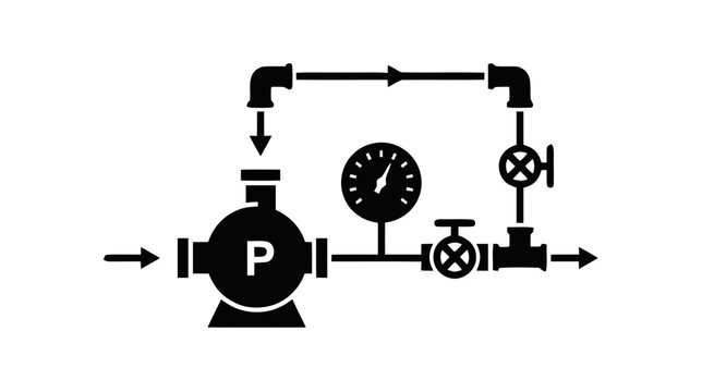 Vector illustration of industrial pump system icon with pressure gauge and valves on a transparent background
