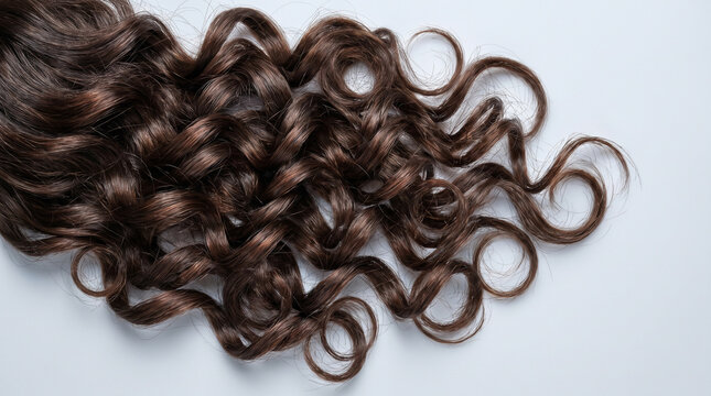 Healthy curly dark brown hair extensions on white background
