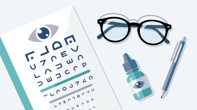 Minimalist flat-lay vector illustration of eye care consultation tools including a vision test chart, black-rimmed eyeglasses, medical eye drop bottle, and a pen on a clean white desk.