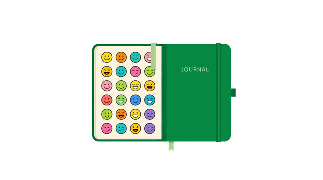 Open Green Journal with Colorful Mood Tracker Emoticons