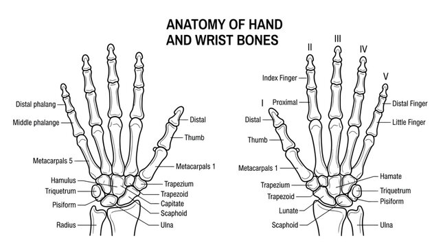 Anatomy of Hand and Wrist Bones: Detailed Diagram for Medical and Educational Use