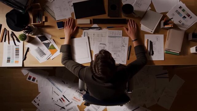 Overwhelmed student working late at a messy desk with papers and books.