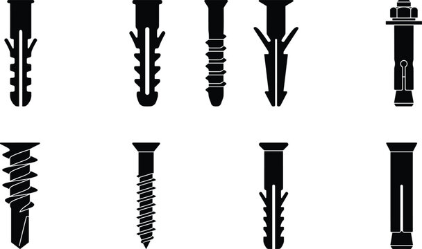 Set of industrial fastener and wall anchor silhouette icons for construction and hardware store brandingSet of industrial fastener and wall anchor silhouette icons for construction and hardware store 