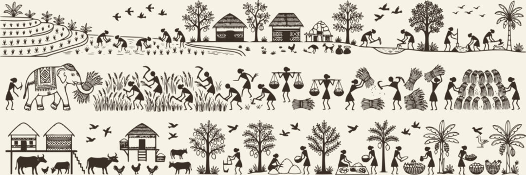 Traditional Thai Warli art illustration featuring agricultural scenes, rice farming, livestock, and rural life on a clean cream background.