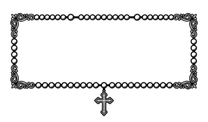 Rectangular ornate rosary bead frame with hanging cross and decorative corner scroll vector design religious illustration © Abddulah