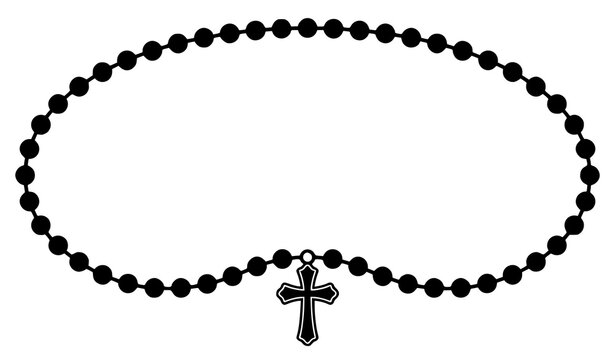 Oval rosary bead frame with hanging cross border black and white religious catholic prayer vector design illustration