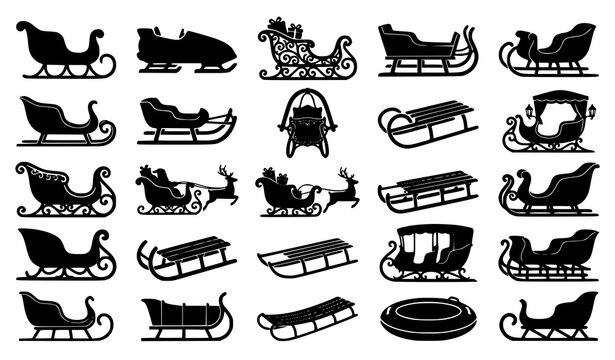 Set of Christmas sleigh silhouettes with reindeer, Santa, sled, and vintage carriage shapes vector design elements collection