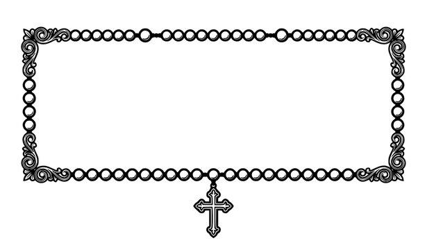 Rectangular ornate rosary bead frame with hanging cross and decorative corner scroll vector design religious illustration
