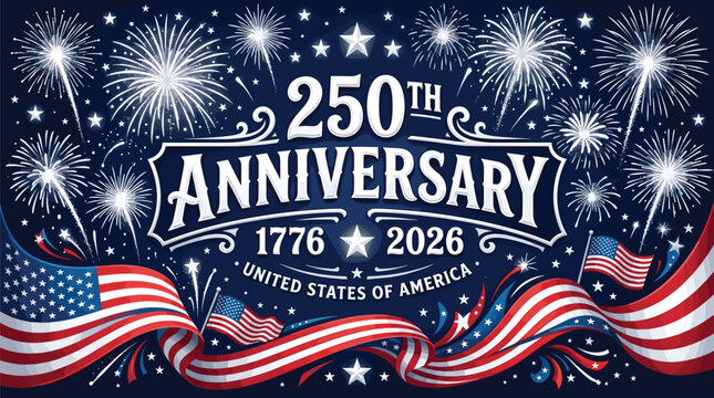 United States 250th anniversary celebration background with fireworks, waving American flags, patriotic design, national pride concept, flat vector illustration