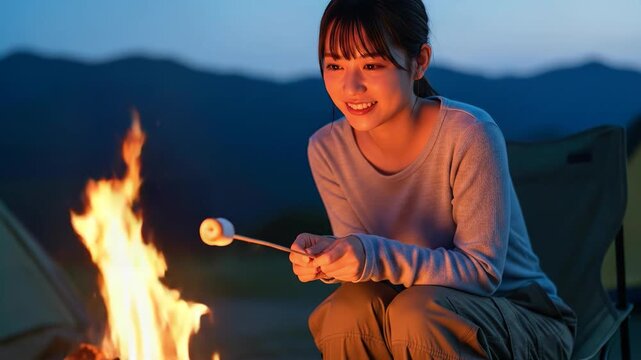キャンプファイヤーでマシュマロを焼く楽しげな女性