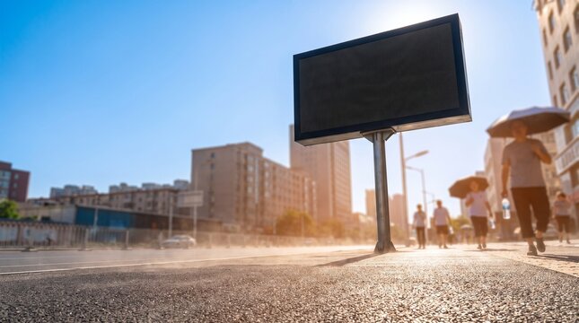 Blank digital street sign mockup template during extreme urban heatwave