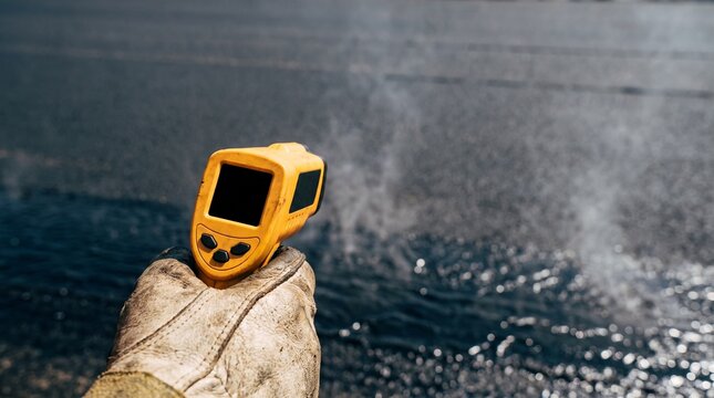 Blank industrial infrared thermometer mockup pointing at melting asphalt road