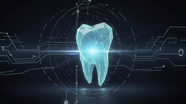 Glowing digital tooth made of interconnected lines and nodes floating on dark background