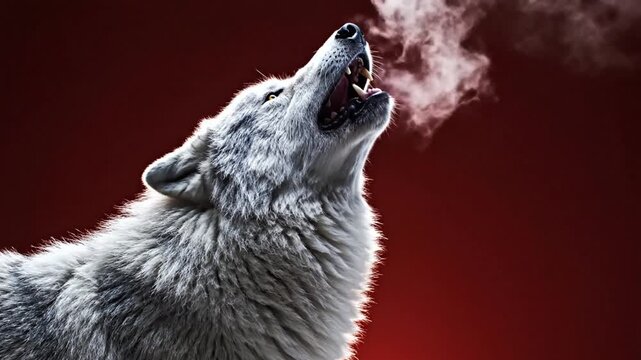 Grey wolf howling with visible breath against a dark red background.