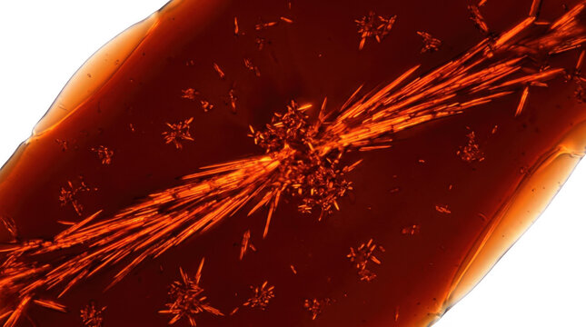A magnified view of orange-brown crystals forming intricate patterns within a viscous liquid.
