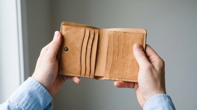 Hands holding an empty brown leather wallet showing multiple card slots and detailed stitched material texture