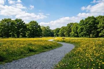 Fototapeta premium Winding Gravel Path Through Yellow Wildflower Meadow and Green Forest, Nature Background for Wellness and Sustainability. Website Banner, Hero Header, Wide Background.
