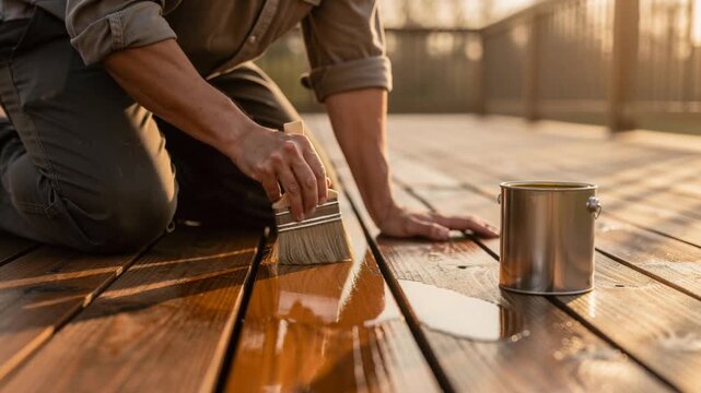 Person carefully applying wood stain on deck with brush under golden sunlight outdoors