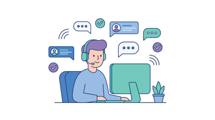 Fototapeta premium Customer Service Agent Working at Computer with Chat Bubbles Illustration