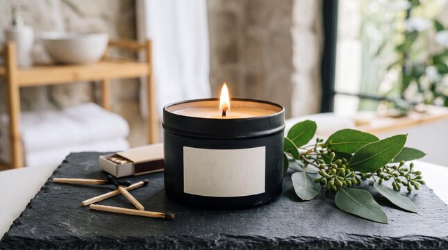 Lit black tin scented candle with blank label on slate tray with eucalyptus