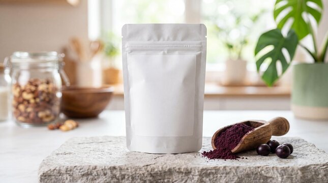 Blank white pouch mockup with purple acai powder and scoop in bright kitchen