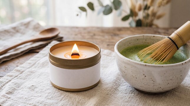 Burning scented candle in gold tin next to matcha green tea bowl and whisk