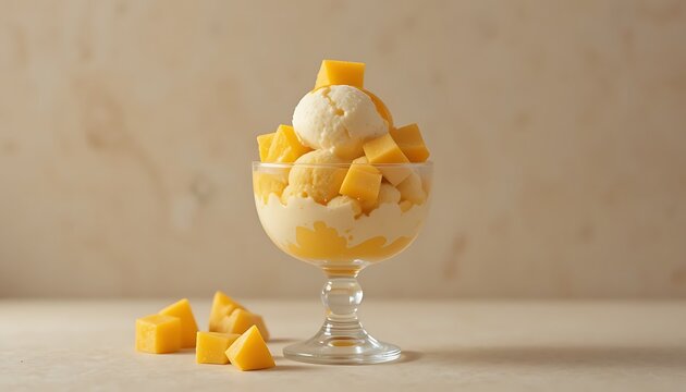 Glass dessert cup filled with layered mango cubes and cream topped with a scoop of vanilla ice cream on marble surface