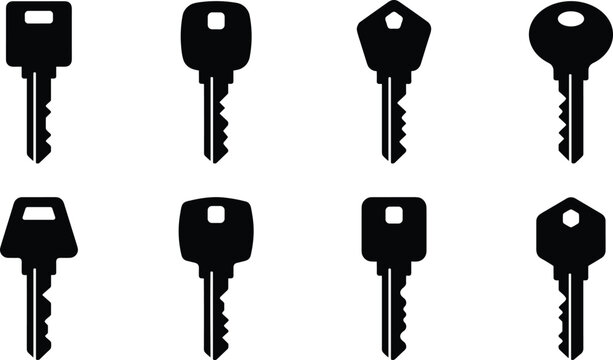 Set of minimalist black key silhouettes for security business logos, real estate, and residential property icons