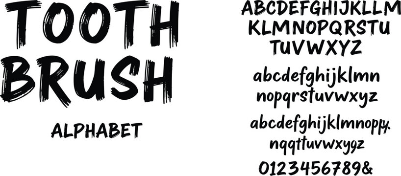 Tooth Brush Alphabet font collection with bold textured brushstroke artistic uppercase lowercase number vector design