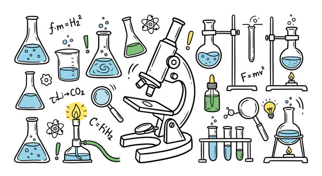Laboratory science equipment and equations doodle illustration