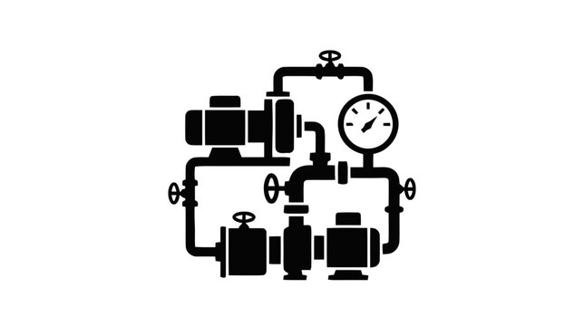 Vector illustration of industrial pump system icon with pressure gauge and valves on a transparent background