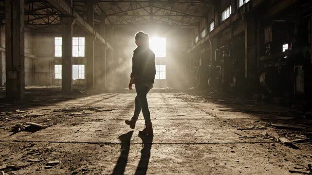 Lone woman walking across a dusty floor in a derelict factory building with bright light rays coming from a window and creating a hazy atmosphere in the empty industrial space.
