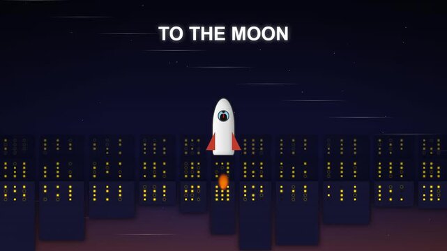 Animated Rocket Launch from City at Night with "To The Moon" Text, Space Exploration Success
