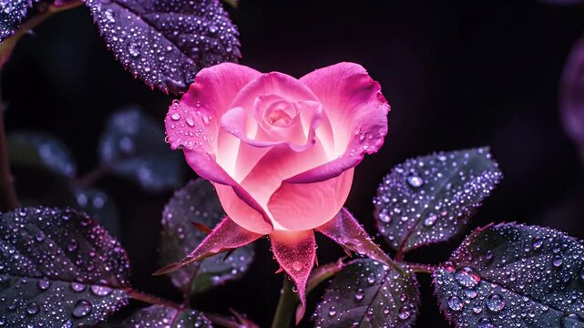 Close-up of a Vibrant Pink Rose with Dew-Covered Leaves Against a Velvet Midnight Background