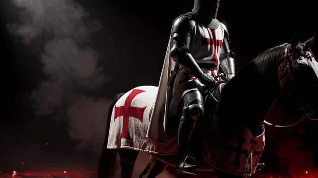Medieval knight in full armor riding a horse draped in white cloth with red cross outdoors