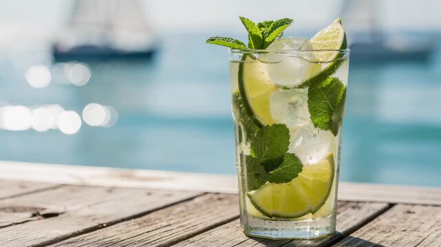Refreshing mojito with lime and mint on sunlit wooden dock sparkling water summer beverage
